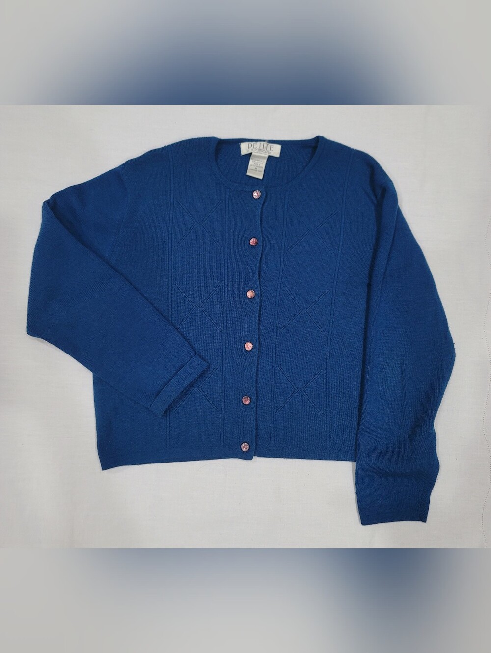 Petite Sophisticate Cobalt Blue Button-Front Crewneck Cardigan